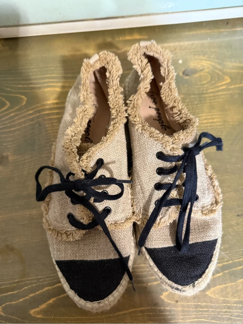Free People Topanga Espadrille Sneakers Beige Black Jute Burlap Size 37 US 7